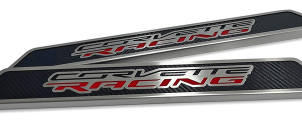 2020-2026 C8 Corvette Coupe - Replacement Door Sills Carbon Fiber W/Brushed Stainless Steel 'CORVETTE RACING' Style Insert | Carbon Fiber/Stainless