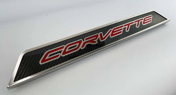 2020+ C8 Corvette Replacement Doorsills Carbon Fiber w/Brushed Stainless Steel 'Corvette' Style Insert.