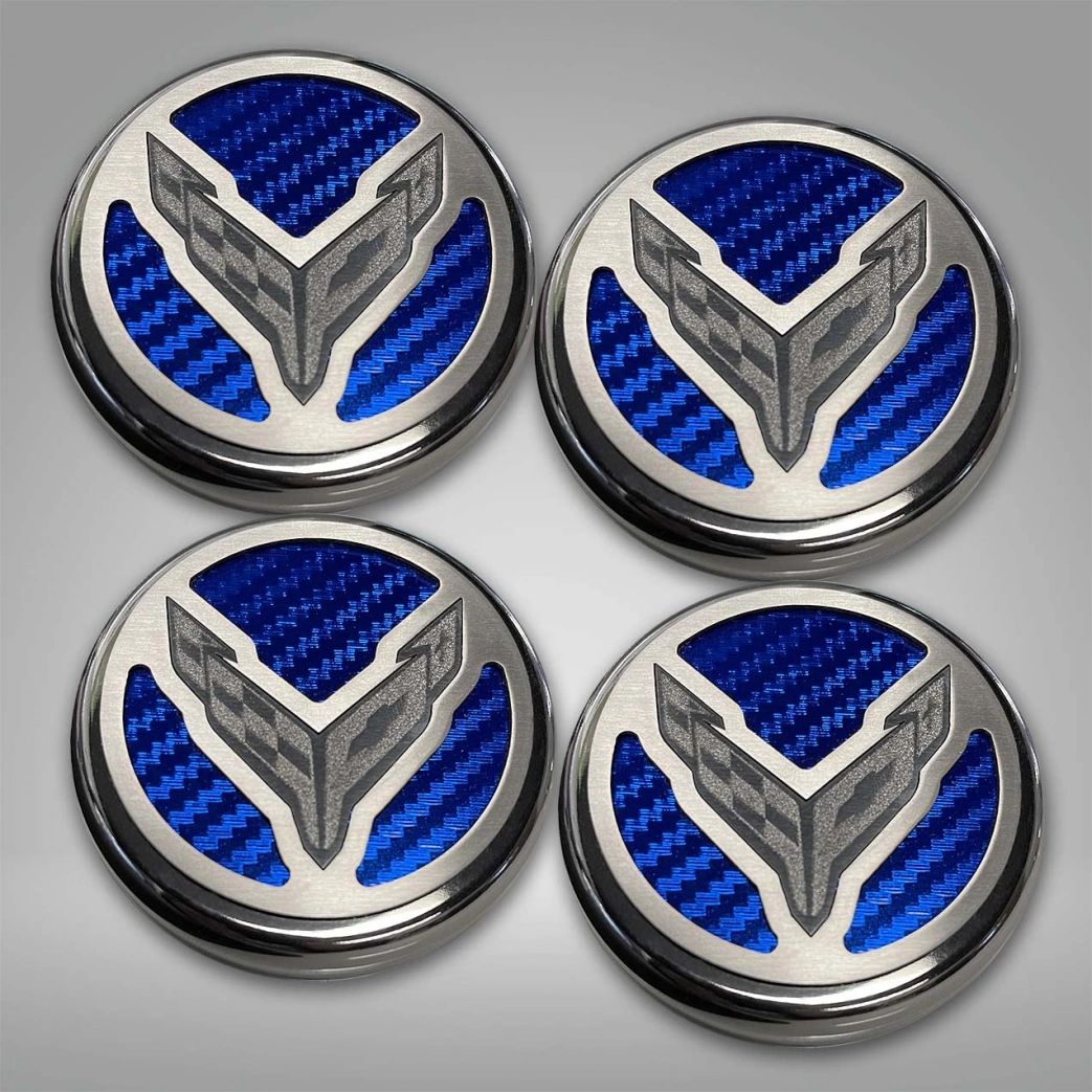 2020-2022 C8 Corvette Coupe - Cap Cover Set 4pc Carbon Fiber Inserts with Stainless Crossed Flags Logo | Polished/Brushed Finish