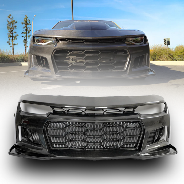 2010-2015 Chevy Camaro Black Panther 1PC Full Gloss Carbon Fiber Track Package Front Bumper Conversion