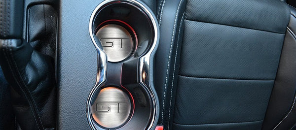 2015-2020 MUSTANG GT - 'GT' CUP HOLDER ACCENT PLATES 2PC | BRUSHED STAINLESS STEEL