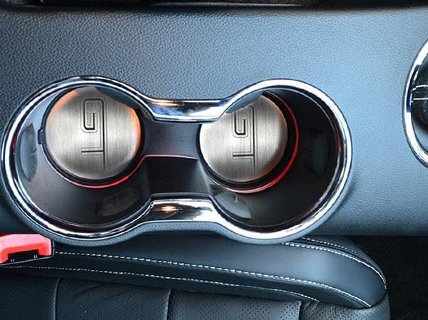 2015-2020 MUSTANG GT - 'GT' CUP HOLDER ACCENT PLATES 2PC | BRUSHED STAINLESS STEEL