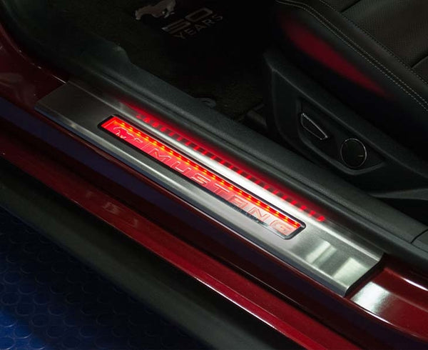 2015-2020 Mustang - Illuminated Door Sills W/Pony Emblem & Mustang Lettering 2PC | Stainless Steel, Choose LED Color