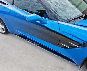 2014-2019 C7 Corvette - Carbon Fiber Side Skirts w/ STINGRAY Lettering 2Pc| Carbon Fiber/Stainless Steel