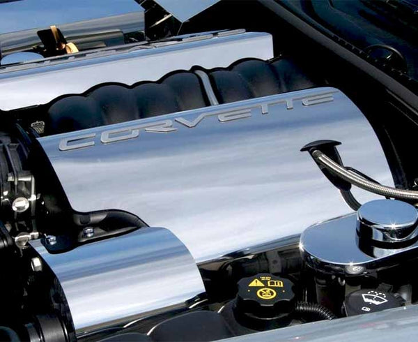 2005-2007 C6 Corvette - Fuel Rail Covers W/Corvette Script | Polished Stainless Steel