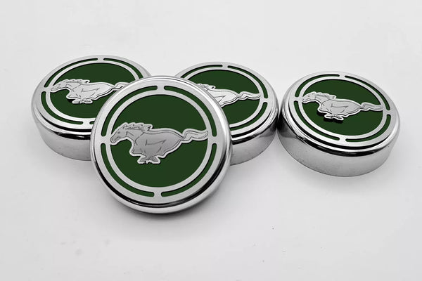 2015-2025 MUSTANG - FLUID CAP COVER AUTOMATIC TRANSMISSIONS ONLY, PONY LOGO 4PC SET | CHOOSE INLAY COLOR