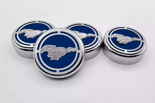 2015-2025 MUSTANG - FLUID CAP COVER AUTOMATIC TRANSMISSIONS ONLY, PONY LOGO 4PC SET | CHOOSE INLAY COLOR