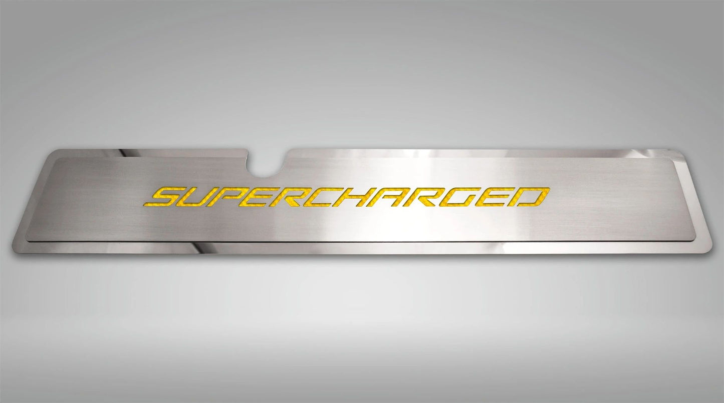 2015-2017 Mustang GT - Radiator Cover Vanity Plate "Supercharged" | Stainless Steel, Choose Inlay Color