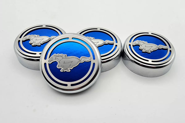 2015-2025 MUSTANG - FLUID CAP COVER AUTOMATIC TRANSMISSIONS ONLY, PONY LOGO 4PC SET | CHOOSE INLAY COLOR