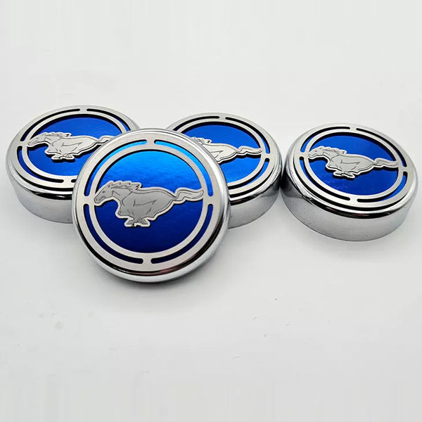 2015-2025 MUSTANG - FLUID CAP COVER AUTOMATIC TRANSMISSIONS ONLY, PONY LOGO 4PC SET | CHOOSE INLAY COLOR