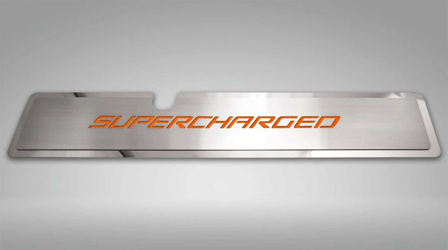 2015-2017 Mustang GT - Radiator Cover Vanity Plate "Supercharged" | Stainless Steel, Choose Inlay Color