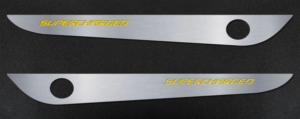 2005-2013 C6 Corvette - Door Guards with SUPERCHARGED Inlay 2Pc | Brushed Stainless, Choose Color
