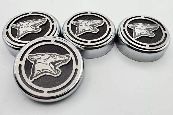 2015-2025 MUSTANG - FLUID CAP COVER AUTOMATIC TRANSMISSIONS ONLY, COYOTE LOGO 4PC SET | CHOOSE INLAY COLOR