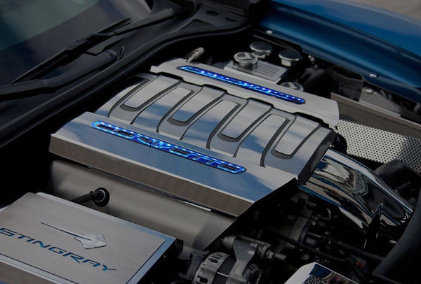 2014-2019 Corvette Stingray - Illuminated Fuel Rail Covers Factory Overlays 2Pc | Stainless, Choose LED Color