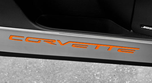 2005-2013 C6 Corvette - Door Guards w/CORVETTE Inlay 2Pc | Brushed Stainless, Choose Color