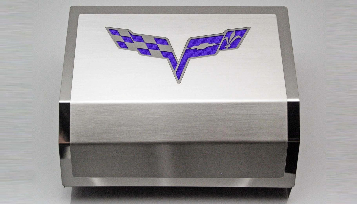 2005-2013 C6 Corvette - Deluxe Fuse Box Cover w/Crossed Flags Emblem | Stainless Steel, Choose Color