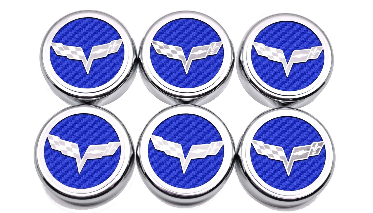 2005-2013 C6 Corvette - Crossed Flag Fluid Cap Covers 6Pc Manual Transmission | Choose Color