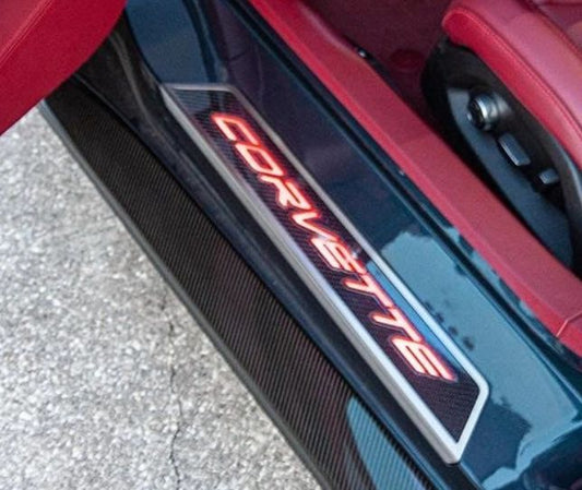 2020-2022 C8 Corvette - Replacement Door Sills Carbon Fiber W/Brushed Stainless Steel 'Corvette' Style Insert Illuminated LED Choose Color