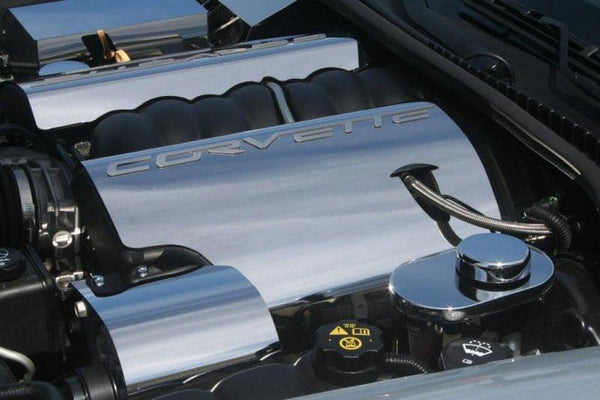2005-2007 C6 Corvette - Fuel Rail Covers W/Corvette Script | Polished Stainless Steel