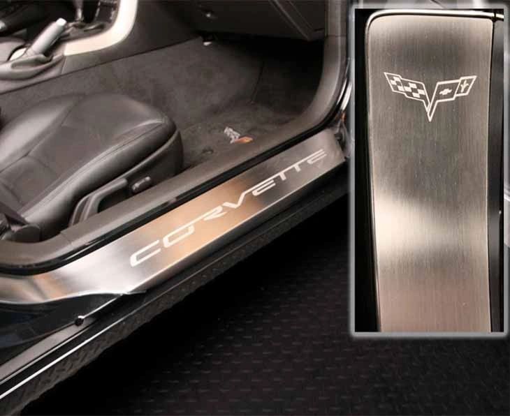 2005-2013 C6 -'Corvette' Laser Etched Full Length Outer Door Sills 2Pc | Stainless Steel, Choose Finish