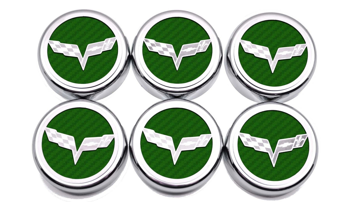 2005-2013 C6 Corvette - Crossed Flag Fluid Cap Covers 6Pc Manual Transmission | Choose Color