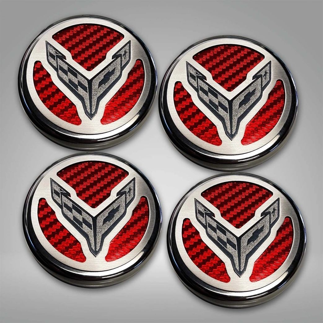 2020-2022 C8 Corvette Coupe - Cap Cover Set 4pc Carbon Fiber Inserts with Stainless Crossed Flags Logo | Polished/Brushed Finish