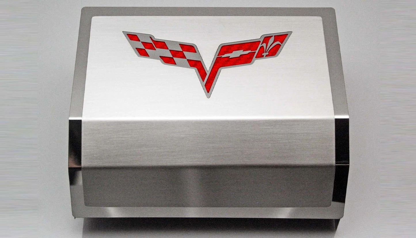 2005-2013 C6 Corvette - Deluxe Fuse Box Cover w/Crossed Flags Emblem | Stainless Steel, Choose Color