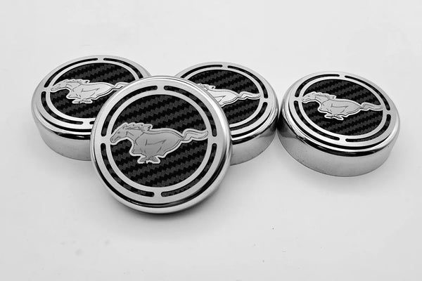 2015-2025 MUSTANG - FLUID CAP COVER AUTOMATIC TRANSMISSIONS ONLY, PONY LOGO 4PC SET | CHOOSE INLAY COLOR