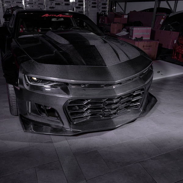 2010-2015 Chevy Camaro Black Panther 1PC Full Gloss Carbon Fiber Track Package Front Bumper Conversion
