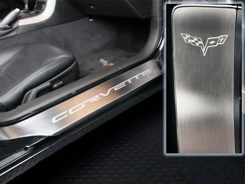 2005-2013 C6 -'Corvette' Laser Etched Full Length Outer Door Sills 2Pc | Stainless Steel, Choose Finish