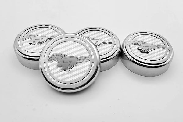 2015-2025 MUSTANG - FLUID CAP COVER AUTOMATIC TRANSMISSIONS ONLY, PONY LOGO 4PC SET | CHOOSE INLAY COLOR