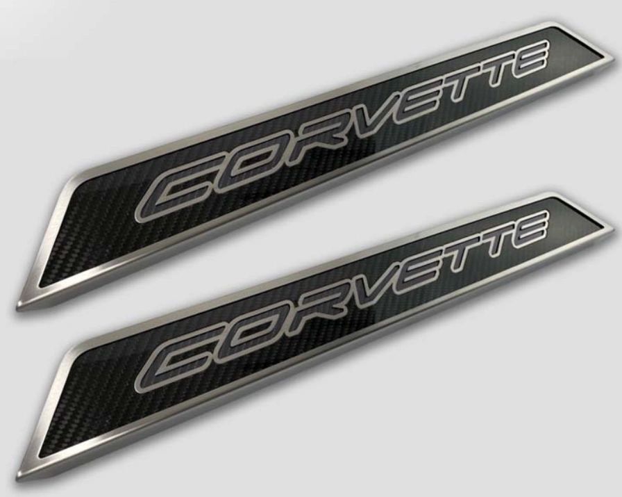 2020-2022 C8 Corvette Replacement Doorsills Carbon Fiber w/Brushed Stainless Steel 'Corvette' Style Insert.