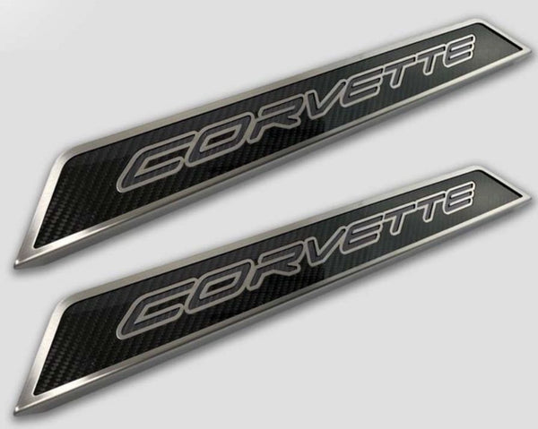 2020+ C8 Corvette Replacement Doorsills Carbon Fiber w/Brushed Stainless Steel 'Corvette' Style Insert.