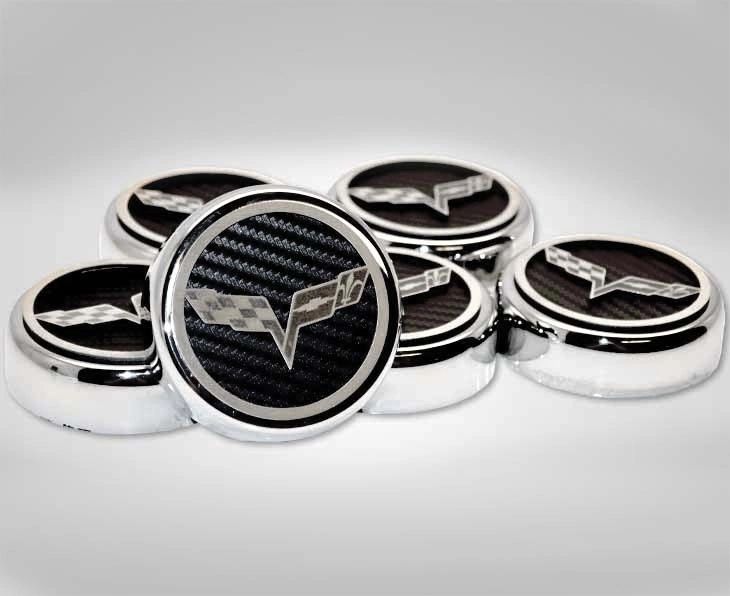 2005-2013 C6 Corvette - Crossed Flag Fluid Cap Covers 6Pc Manual Transmission | Choose Color