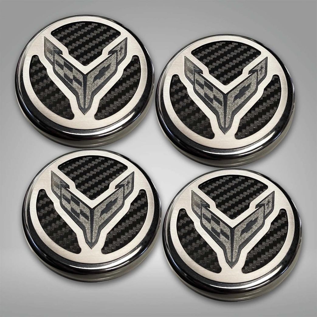 2020-2022 C8 Corvette Coupe - Cap Cover Set 4pc Carbon Fiber Inserts with Stainless Crossed Flags Logo | Polished/Brushed Finish