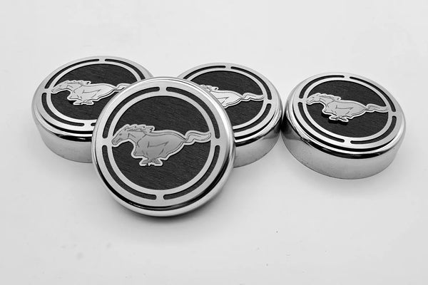 2015-2025 MUSTANG - FLUID CAP COVER AUTOMATIC TRANSMISSIONS ONLY, PONY LOGO 4PC SET | CHOOSE INLAY COLOR