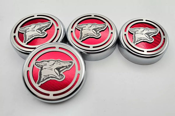 2015-2025 MUSTANG - FLUID CAP COVER AUTOMATIC TRANSMISSIONS ONLY, COYOTE LOGO 4PC SET | CHOOSE INLAY COLOR