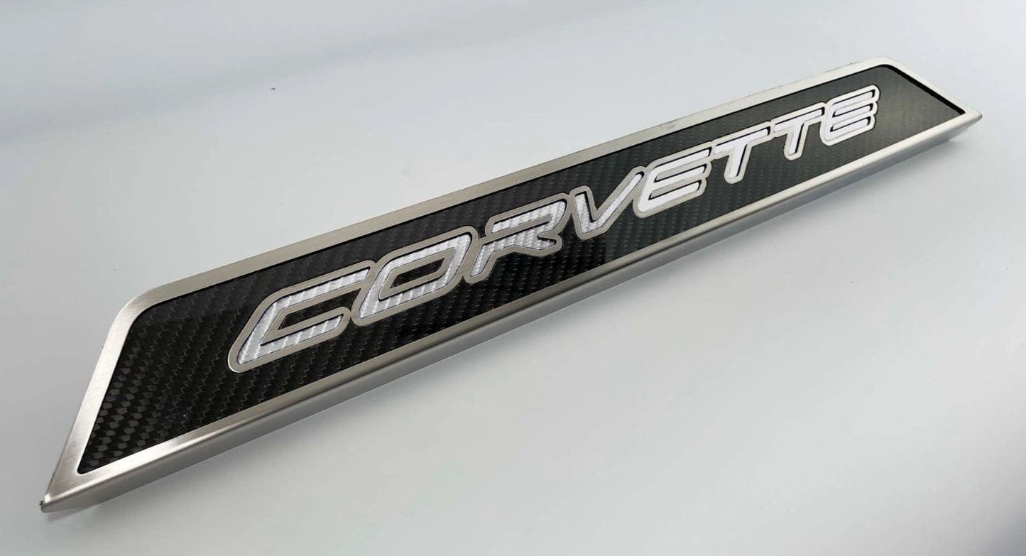 2020-2022 C8 Corvette Replacement Doorsills Carbon Fiber w/Brushed Stainless Steel 'Corvette' Style Insert.