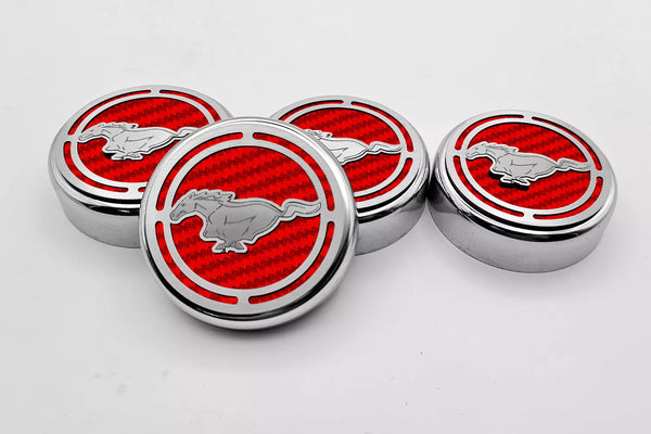 2015-2025 MUSTANG - FLUID CAP COVER AUTOMATIC TRANSMISSIONS ONLY, PONY LOGO 4PC SET | CHOOSE INLAY COLOR