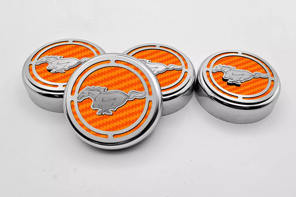 2015-2025 MUSTANG - FLUID CAP COVER AUTOMATIC TRANSMISSIONS ONLY, PONY LOGO 4PC SET | CHOOSE INLAY COLOR