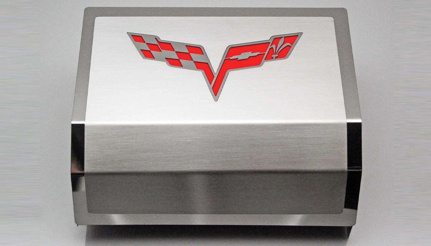 2005-2013 C6 Corvette - Deluxe Fuse Box Cover w/Crossed Flags Emblem | Stainless Steel, Choose Color