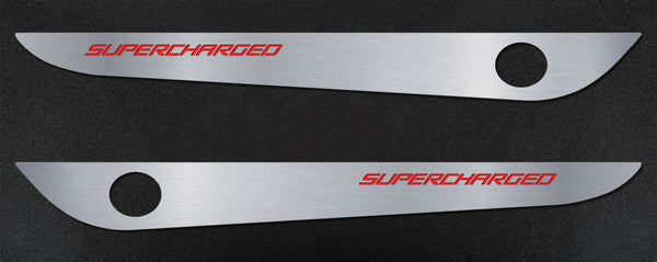 2005-2013 C6 Corvette - Door Guards with SUPERCHARGED Inlay 2Pc | Brushed Stainless, Choose Color