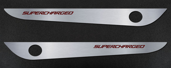 2005-2013 C6 Corvette - Door Guards with SUPERCHARGED Inlay 2Pc | Brushed Stainless, Choose Color