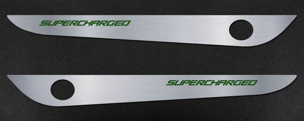 2005-2013 C6 Corvette - Door Guards with SUPERCHARGED Inlay 2Pc | Brushed Stainless, Choose Color