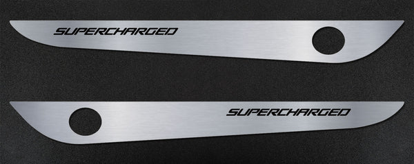 2005-2013 C6 Corvette - Door Guards with SUPERCHARGED Inlay 2Pc | Brushed Stainless, Choose Color