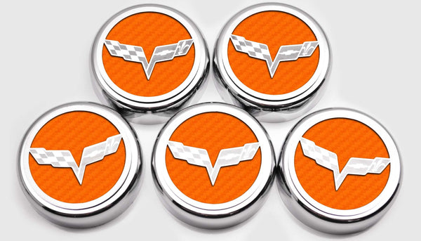 2005-2013 C6 Corvette - Crossed Flags Logo Fluid Cap Covers 5Pc Auto Transmission | Choose Color