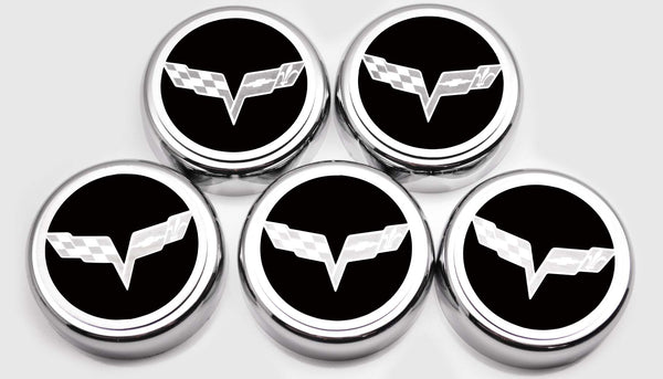 2005-2013 C6 Corvette - Crossed Flags Logo Fluid Cap Covers 5Pc Auto Transmission | Choose Color