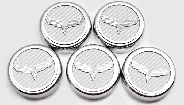 2005-2013 C6 Corvette - Crossed Flags Logo Fluid Cap Covers 5Pc Auto Transmission | Choose Color