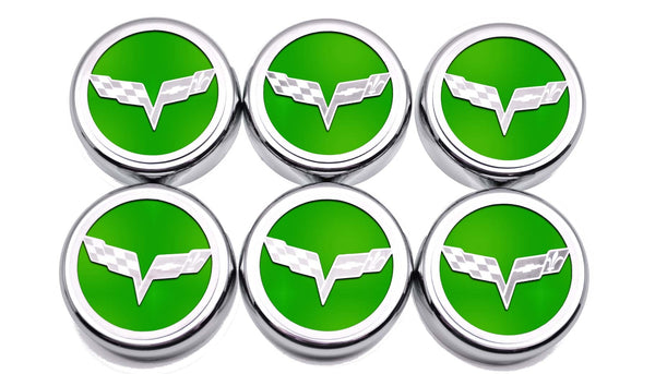2005-2013 C6 Corvette - Crossed Flag Fluid Cap Covers 6Pc Manual Transmission | Choose Color