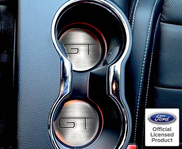 2015-2020 MUSTANG GT - 'GT' CUP HOLDER ACCENT PLATES 2PC | BRUSHED STAINLESS STEEL